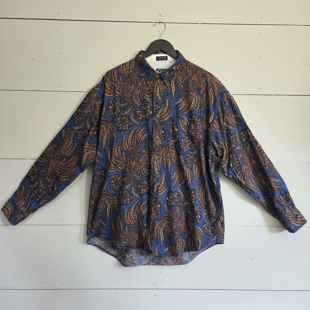 Chaps Ralph Lauren Men's Paisley Cotton Button-Up Shirt XL Blue Multicolor